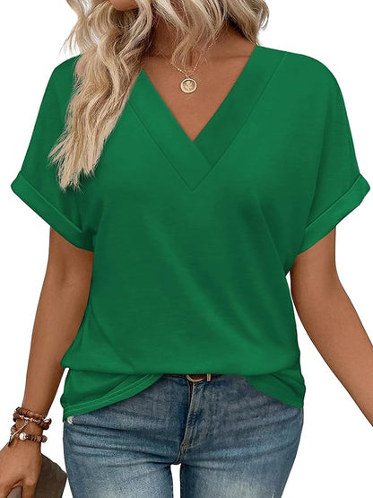✨Womens Summer V Neck Short Sleeve Solid Color Basic T Shirt