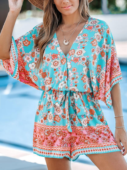 ✨Women's Lace Up Print Romper Short Sleeves Jumpsuits Wide leg Outfit