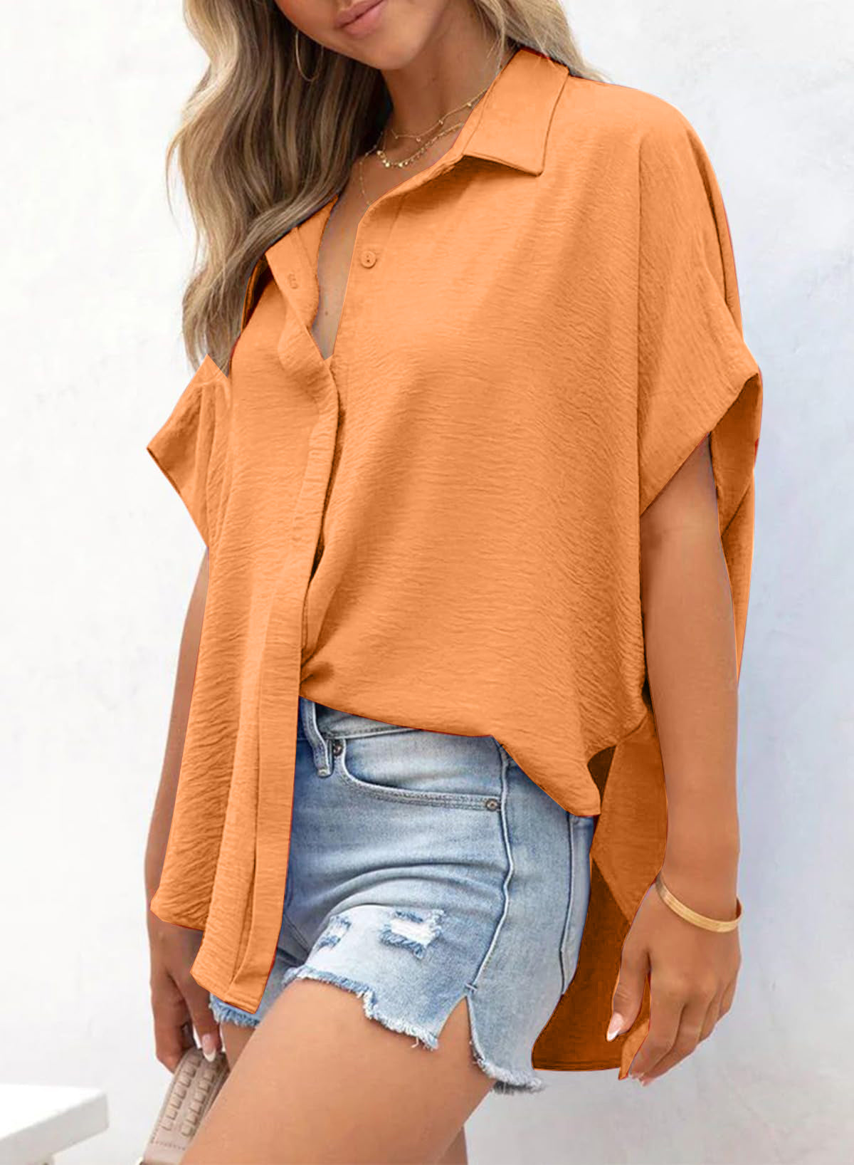 ⏰Hot Sale-Women's Casual Button Short Sleeve Slit Hem Shirt Solid Color Tops