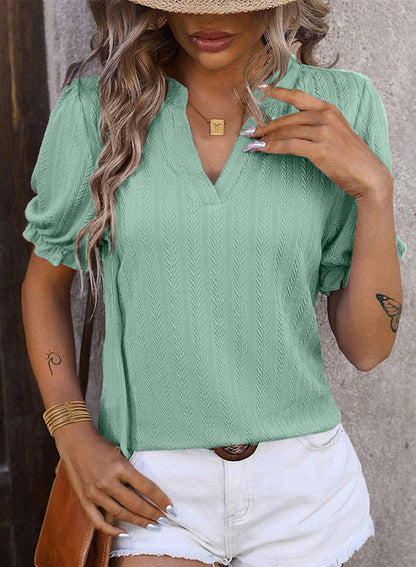 ✨Textured Puff-Sleeve V-Neck Knit Top