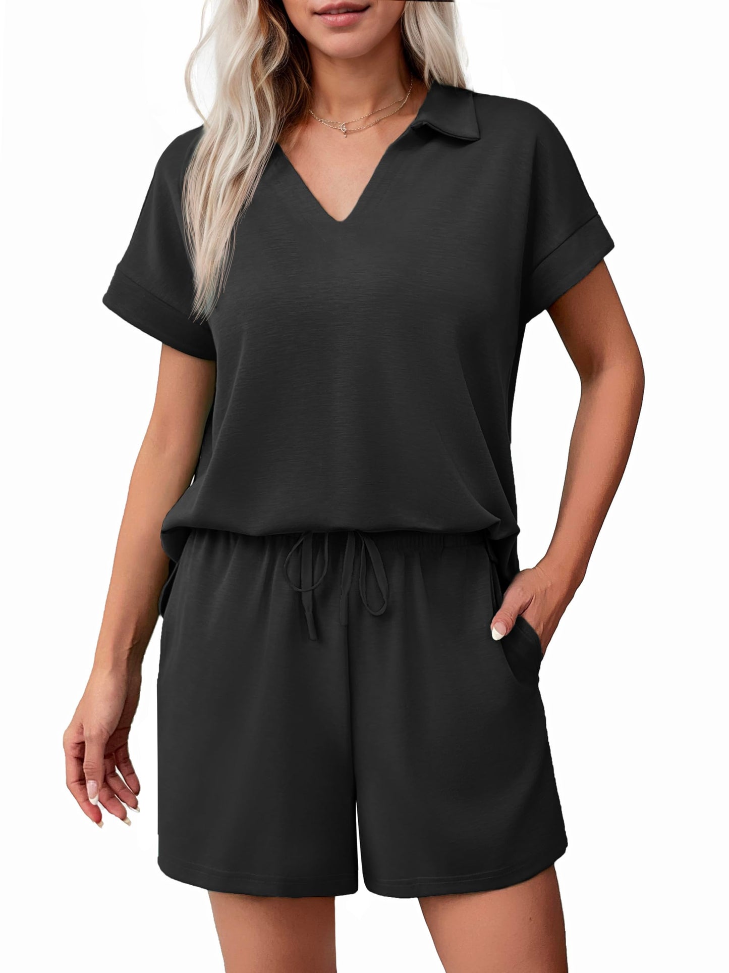 ✨Women Summer Lounge Sets Short Sleeve Sweatshirt V-neck Tops and Drawstring Shorts Outfits Tracksuit