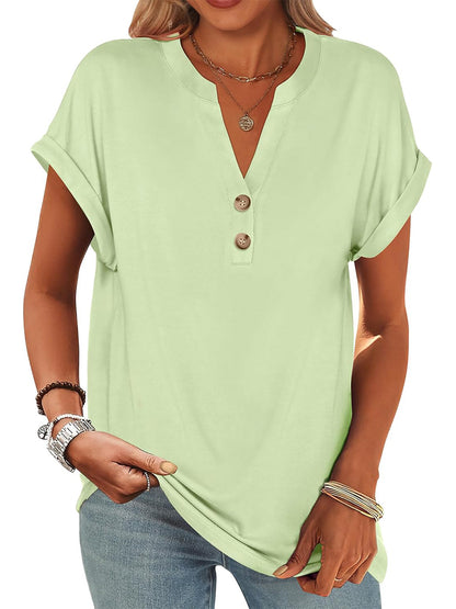 ✨Women's V Neck Button Casual Loose Fit Short Sleeve Henley Tops