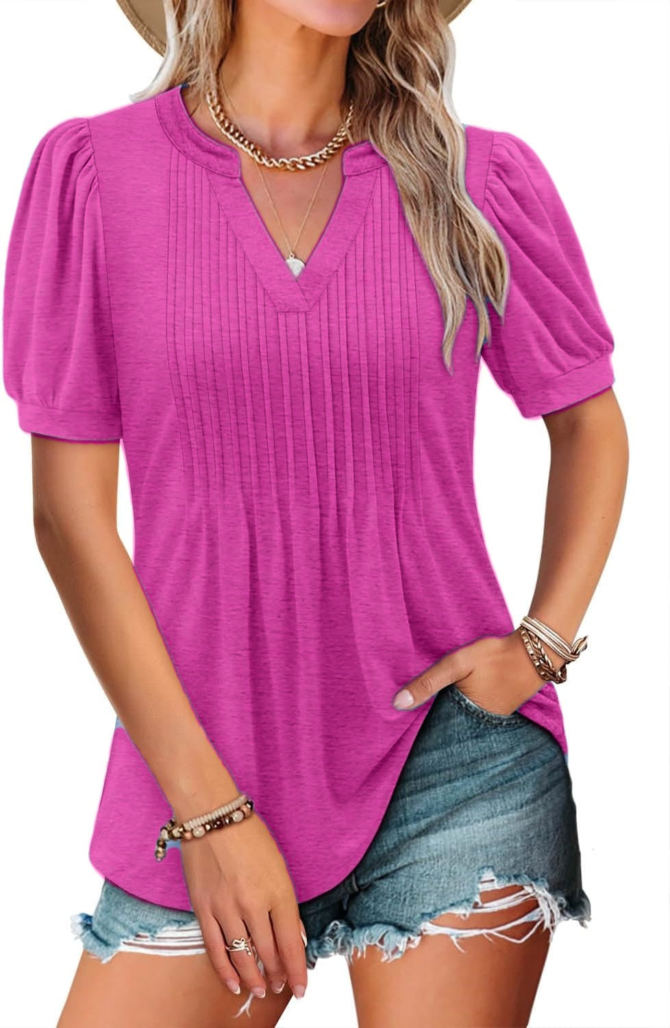 ✨Women's V-neck Loose Pleated Short-sleeved Waist Top
