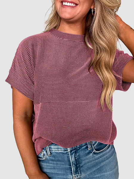 Women Textured Rib Splice Crew Neck Loose Fit Knit Short Sleeve T-shirt