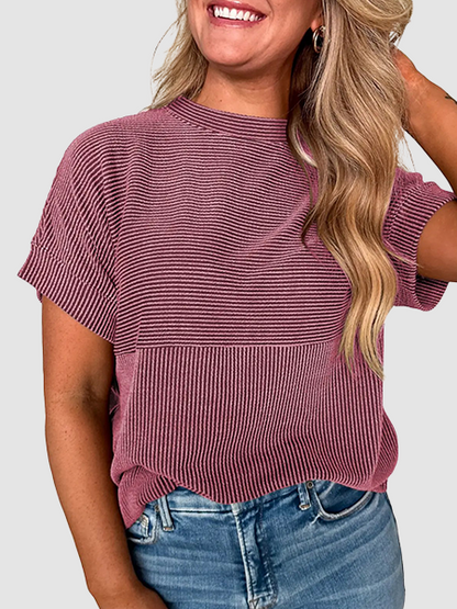 Women Textured Rib Splice Crew Neck Loose Fit Knit Short Sleeve T-shirt