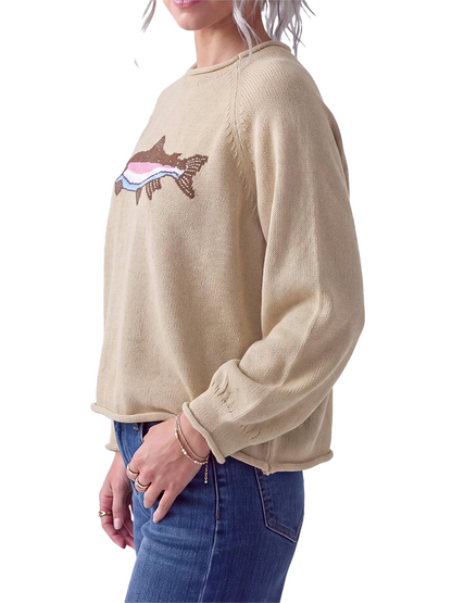 Fish Intarsia Knit Sweater Roll Edge Mock Neck Lantern Long Sleeve Loose Pullover