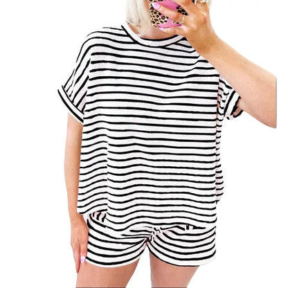 2 Piece Lounge Set Women Stripe Knit Short Sleeve Tee Shirts Shorts