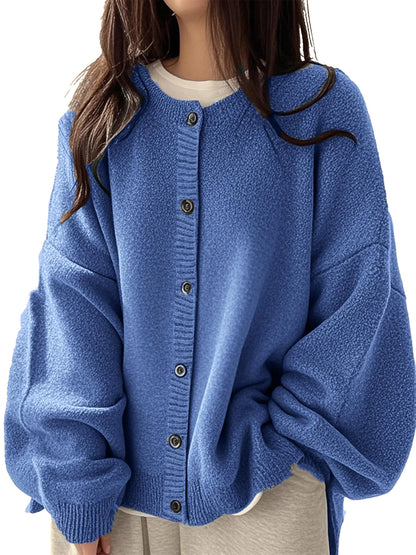 Loose Round Neck Knit Cardigan & Basic Button‑Up Lantern‑Sleeve Outer Top