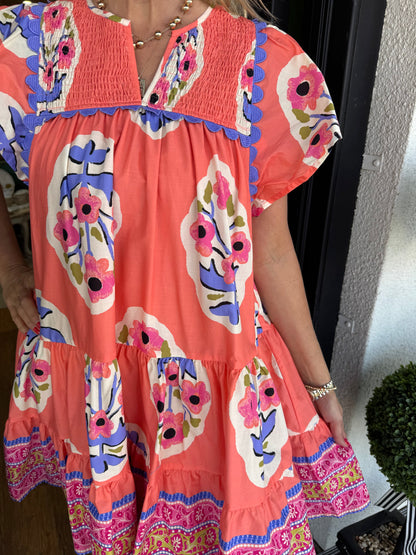 Women's V-neck Pleated Print Short Dress