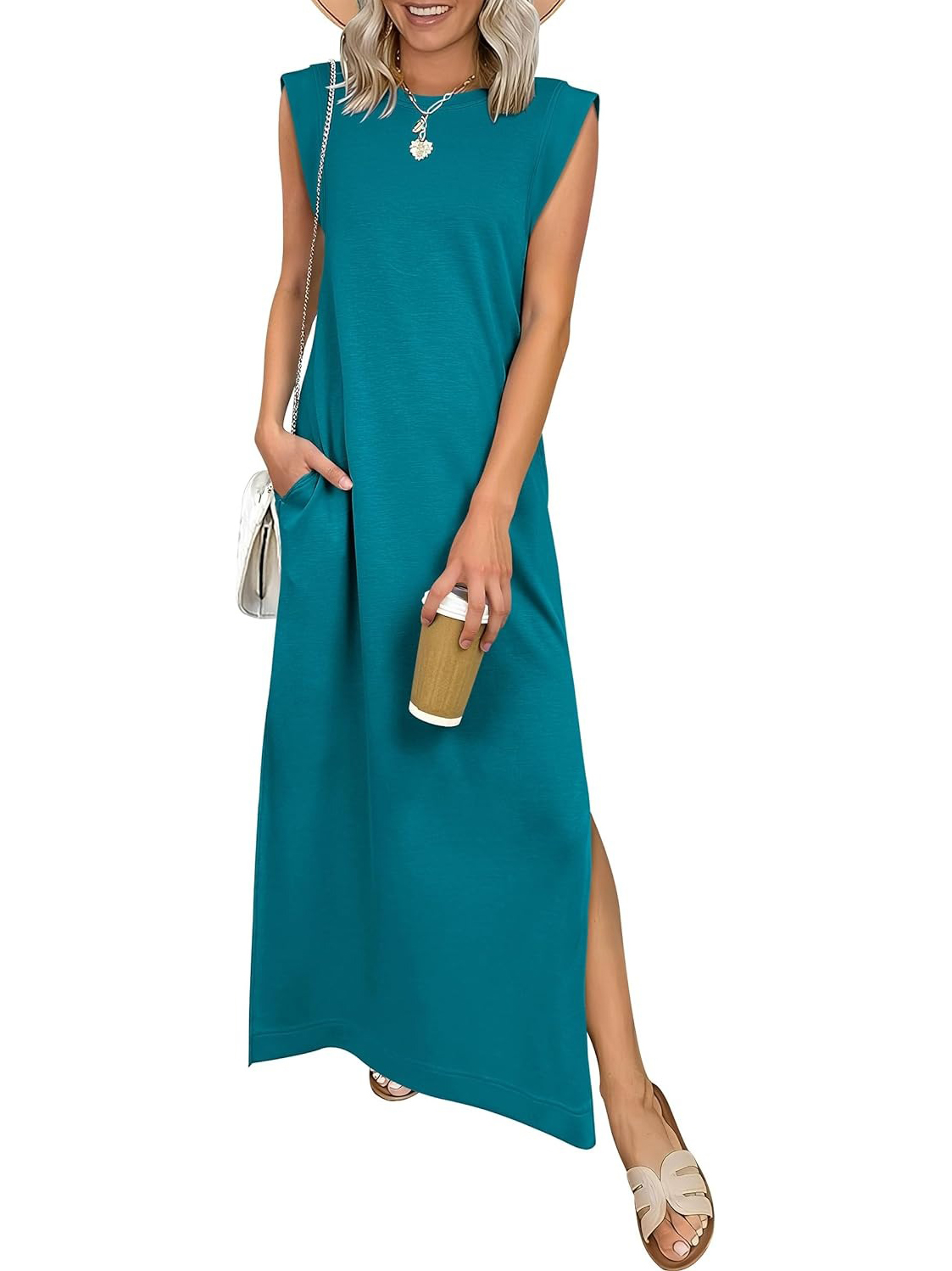 Women Wrinkle Free Sleeveless Pocket Split Loose Maxi Casual Daily Dress