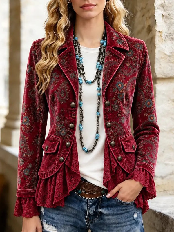 Women Retro Paisley Velvet Lace Patch Jacket