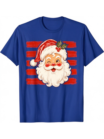 Vintage Christmas Santa Print Casual Short Sleeve Top