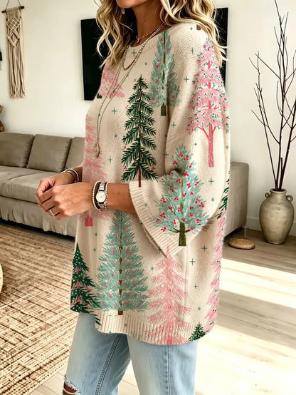 Christmas Loose Round Neck Bat Sleeve Knit Top for Women