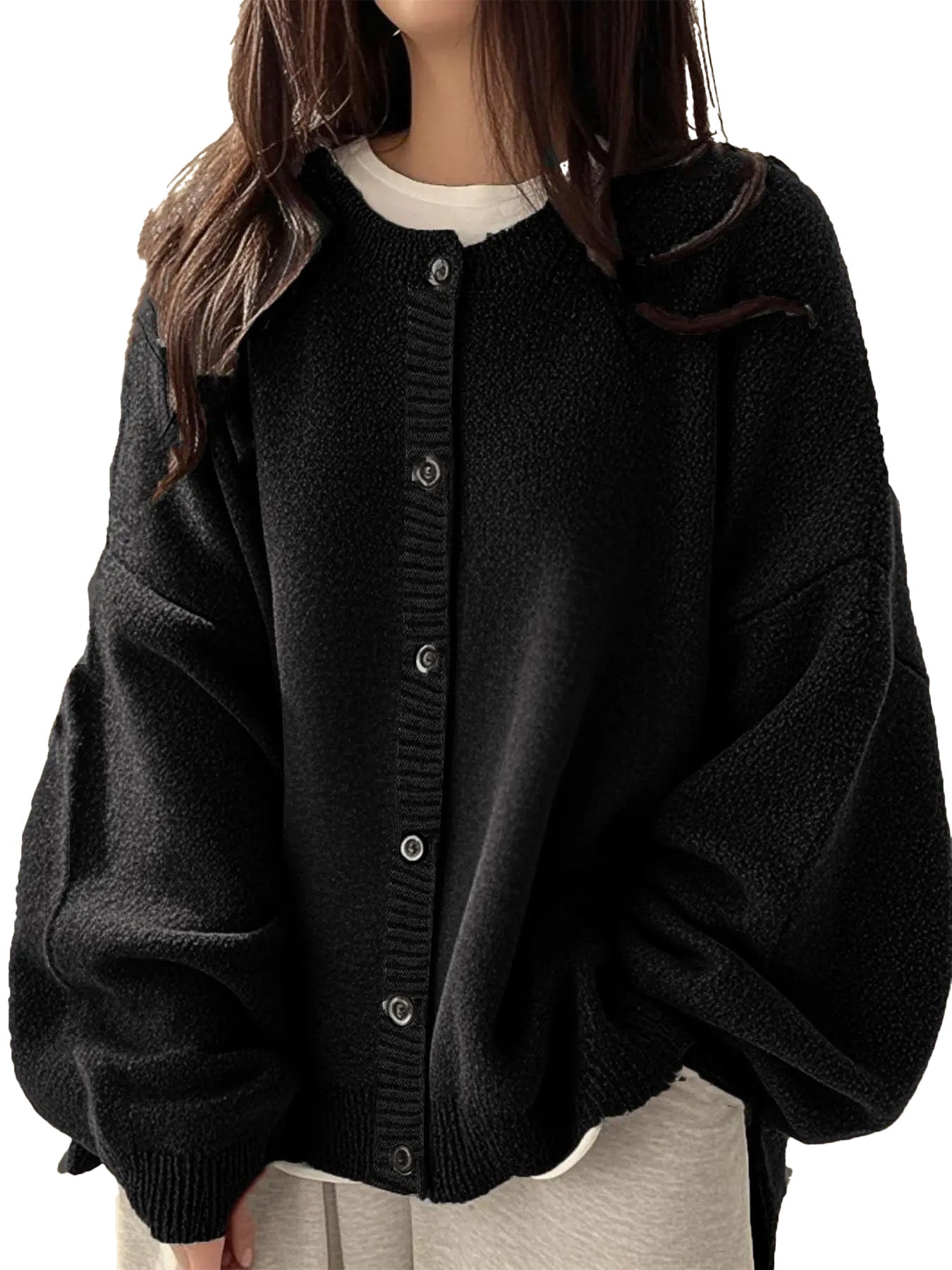 Loose Round Neck Knit Cardigan & Basic Button‑Up Lantern‑Sleeve Outer Top