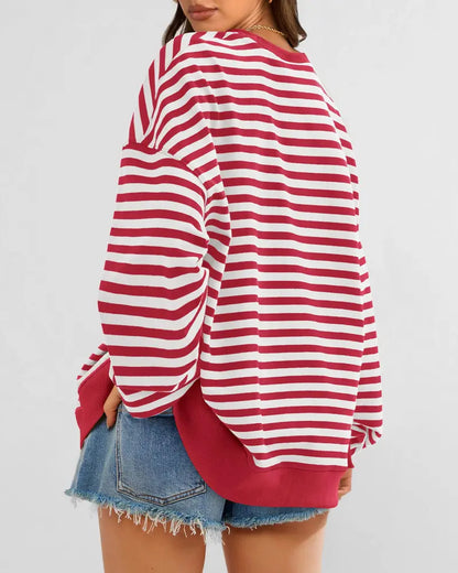 Women Striped Crew Neck Lantern Long Sleeve Loose Sweatshirt Top