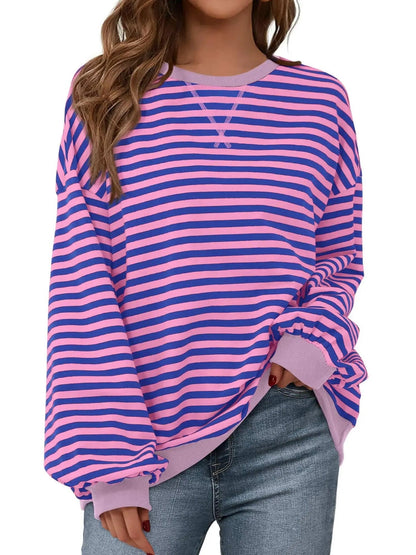 Limited time sale🔥Womens Striped Oversized Sweatshirt Color Block Long Sleeve Top