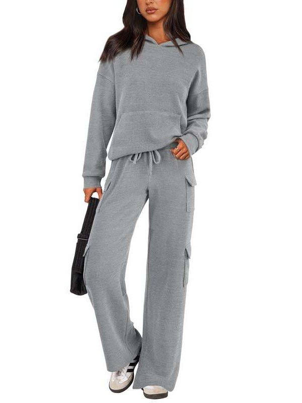 Women Hooded Top Wide Leg Cargo Pant 2 Piece