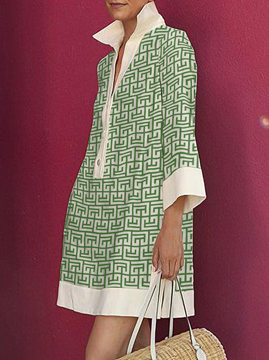 Women's Three-Quarter Sleeves Printed Lapel Shirt Dress