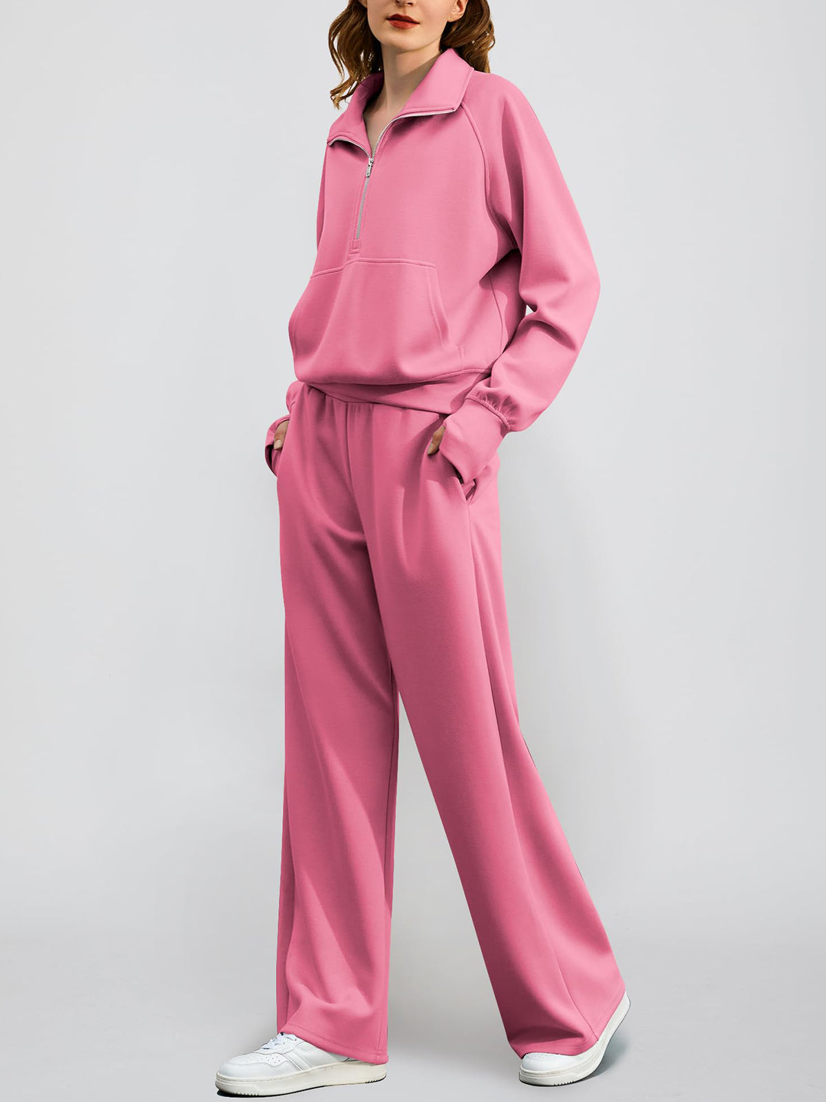 Women's Oversized Half Zip Wide Leg 2 Piece Outfits Lounge Set