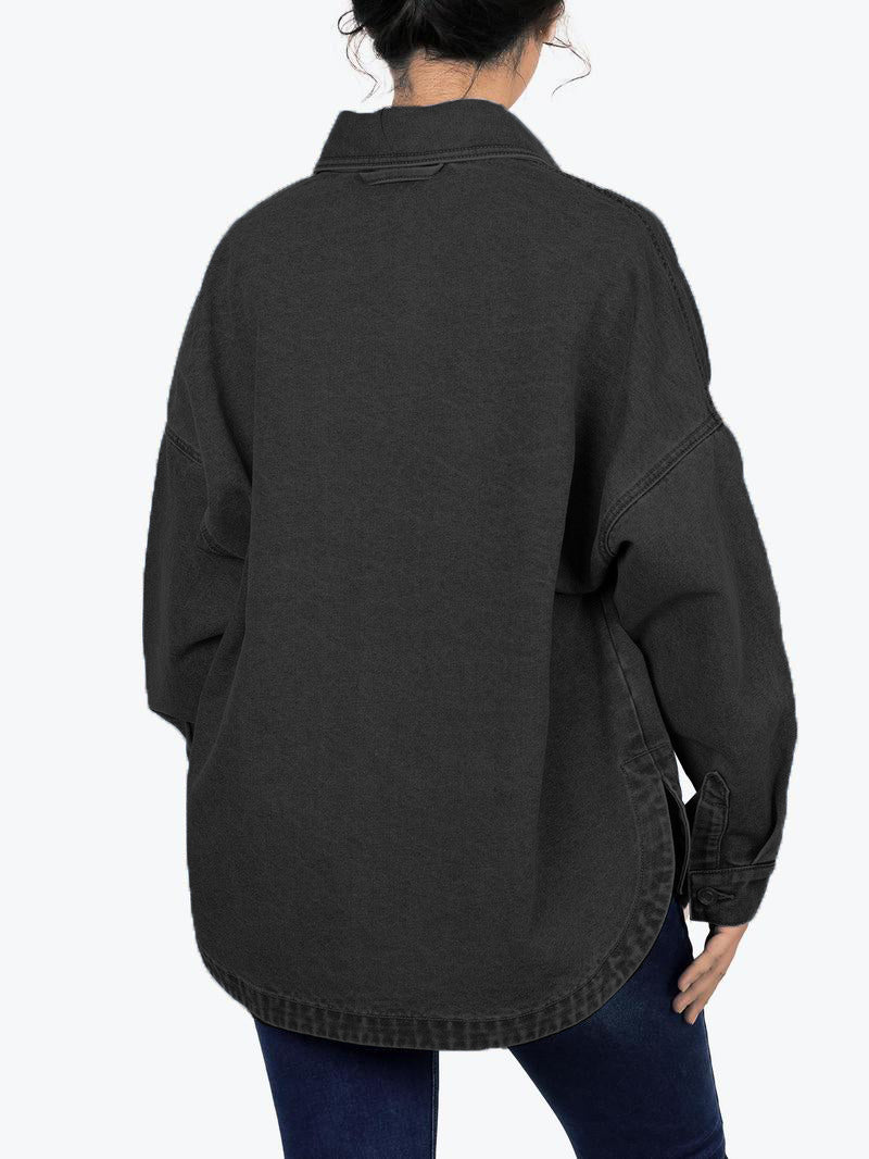 ✨Women's Solid Color Button Front Drop Shoulder Curved Hem Denim Jacket (Final Days: Big Savings!!!)