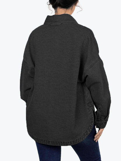 ✨Women's Solid Color Button Front Drop Shoulder Curved Hem Denim Jacket (Final Days: Big Savings!!!)