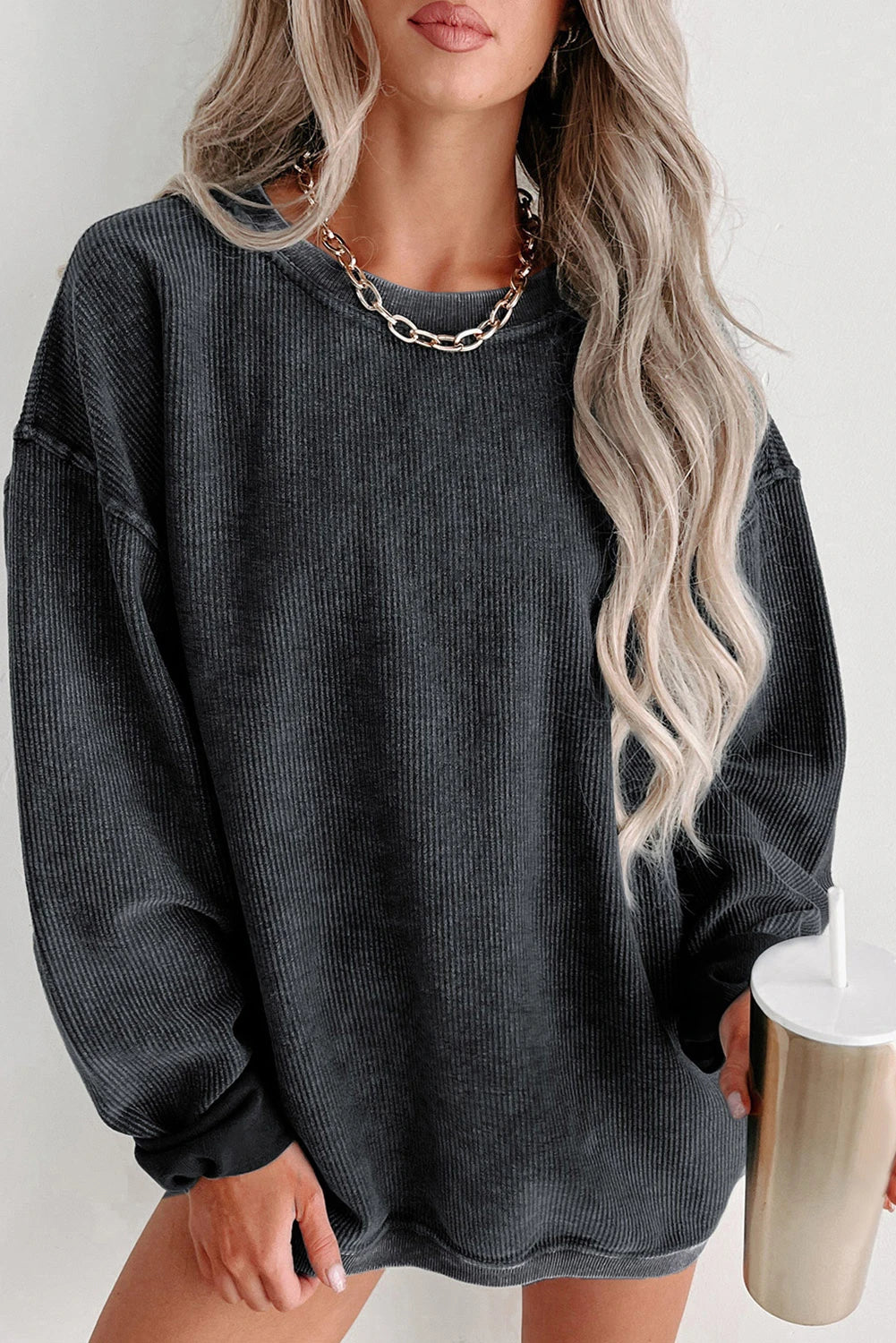 ✨ Women's Solid Color Ribbed Knit Round Neck Pullover Sweatshirt