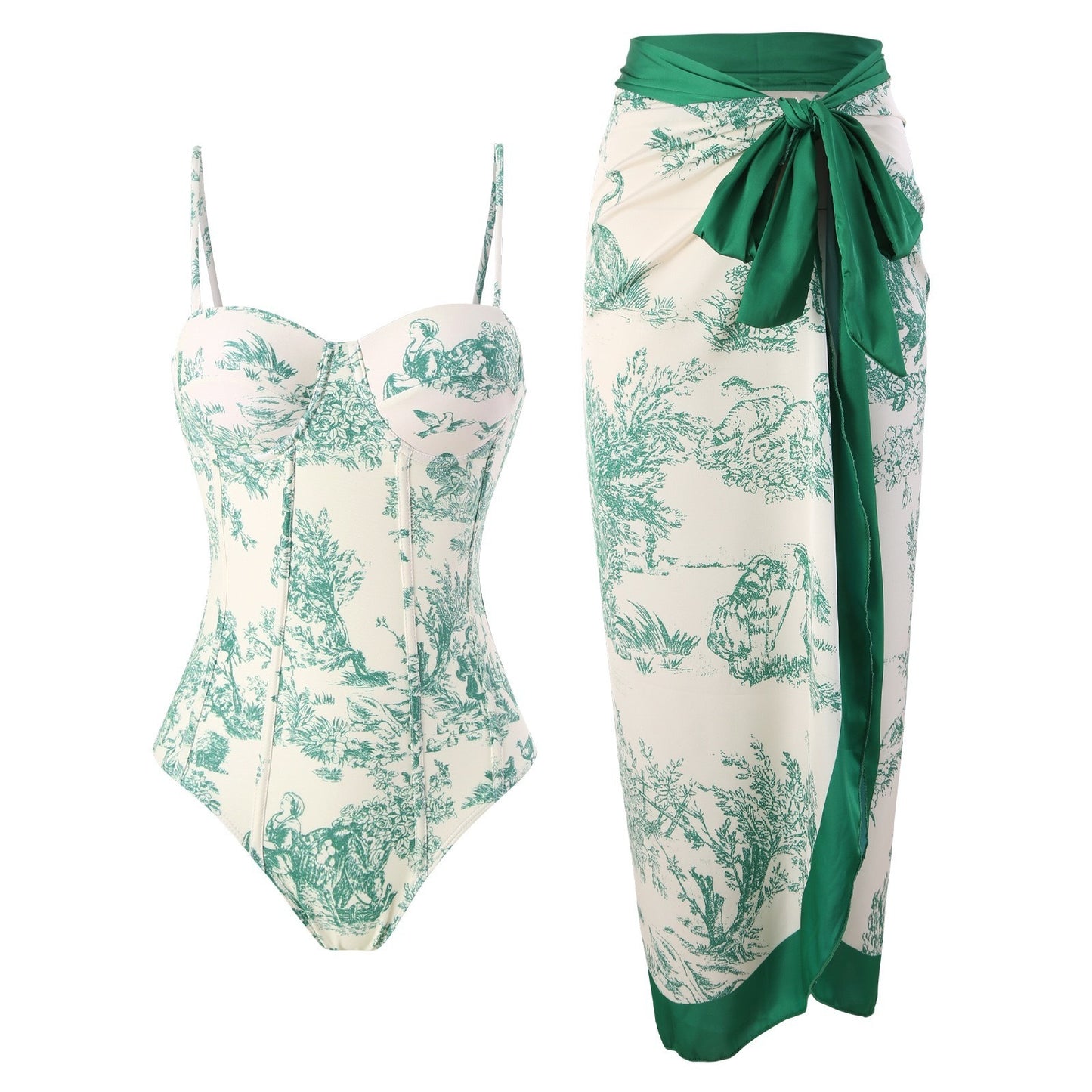 ✨Women Adjustable Shoulder Strip Plant Prints One Piece Swimsuit and Skirt/Sarong