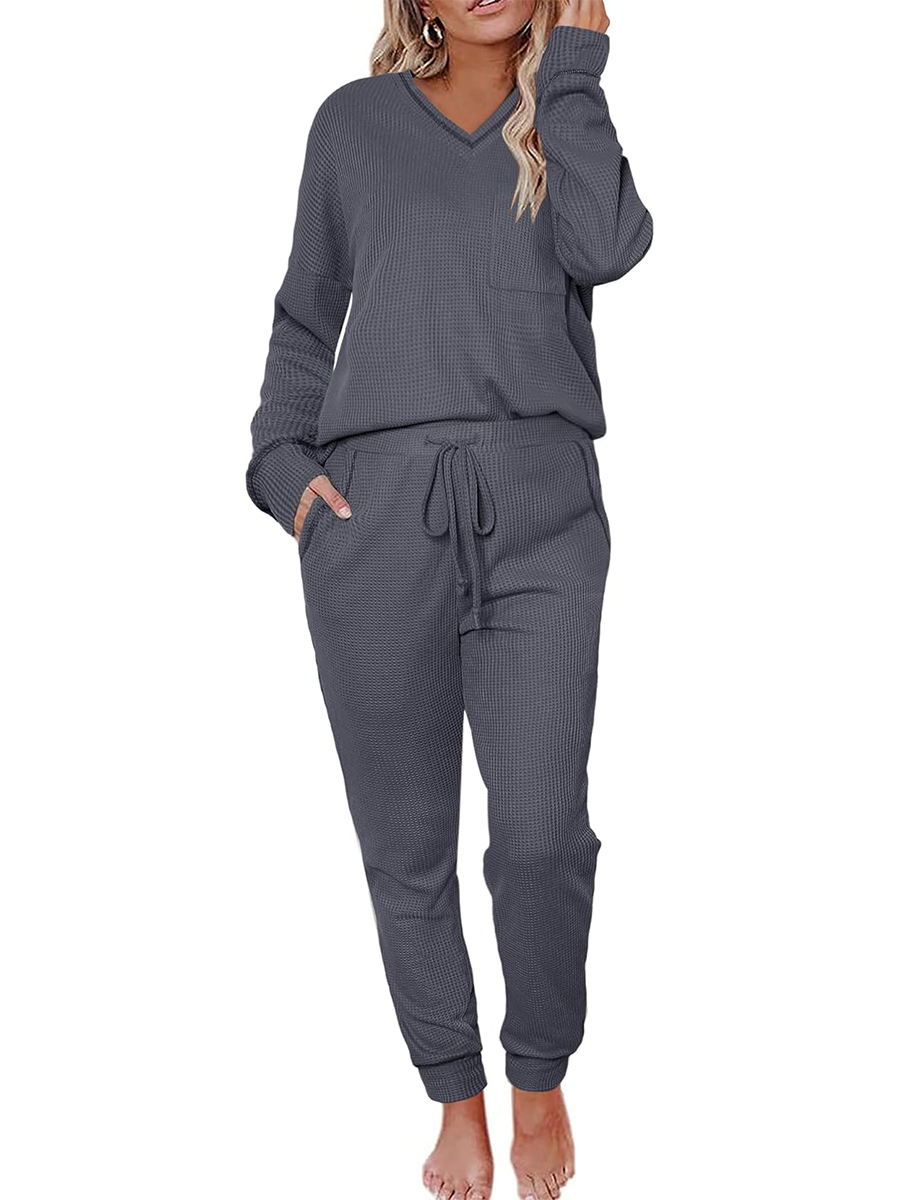 ✨V Neck Waffle Knit Sleepwear Top and Pant Lounge Sets