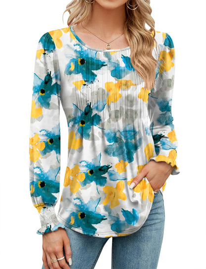 ✨Puff Long Sleeve Pleated Crew Neck Tunic Top