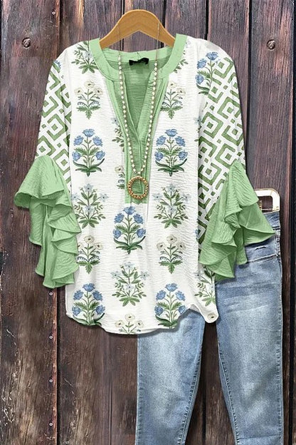 Women's Mixed Floral Print Ruffle Bell Sleeve Top