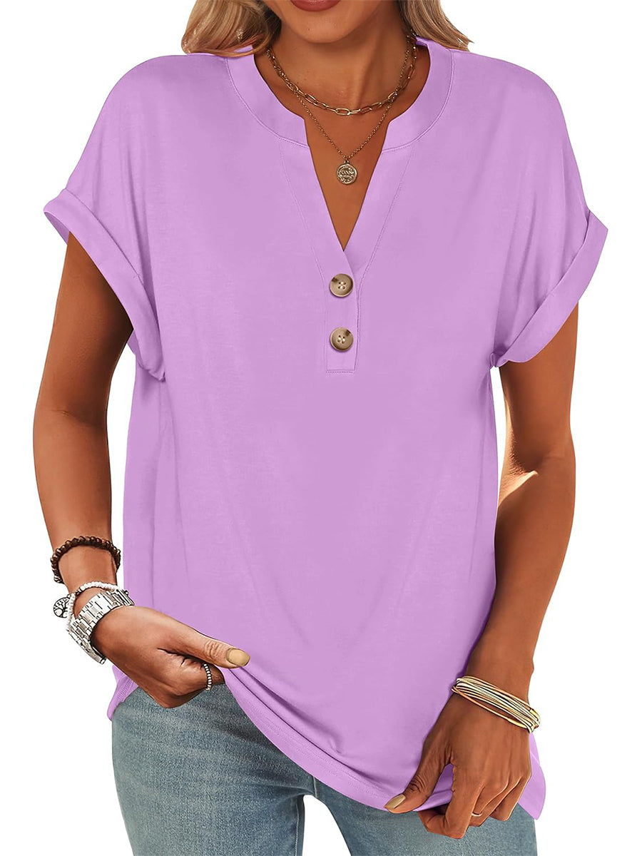 ✨Women's V Neck Button Casual Loose Fit Short Sleeve Henley Tops