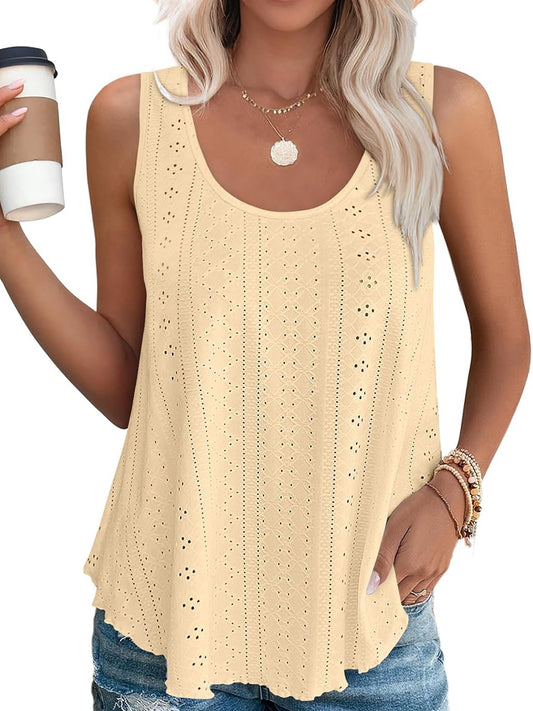 HOT SALE Women's Casual Loose Scoop Neck Wide Strap Eyelet Tank Tops