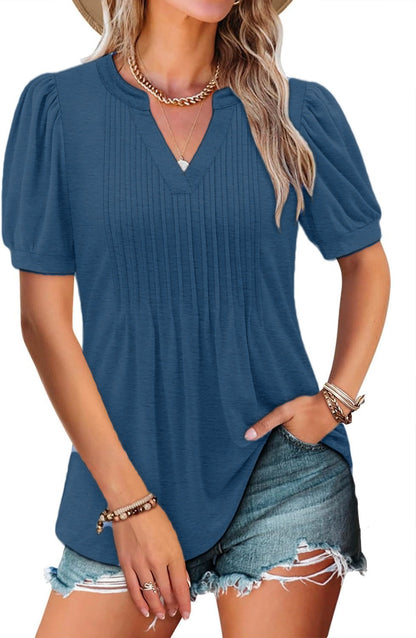 ✨Women's V-neck Loose Pleated Short-sleeved Waist Top