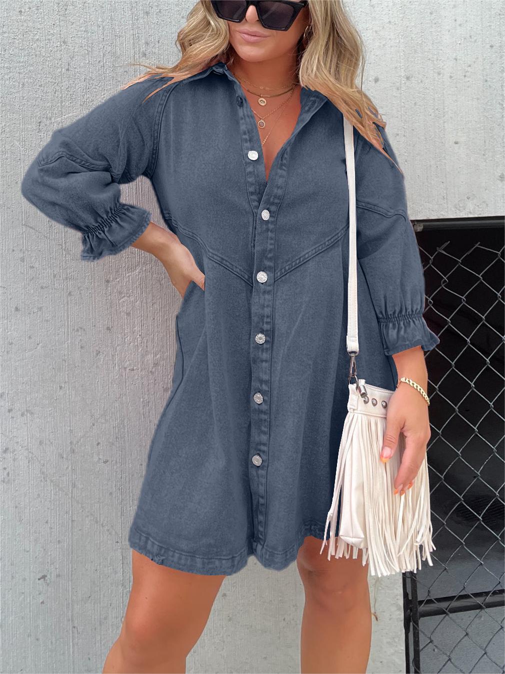 2023 Hot Sale Washed Denim Puff Sleeve Dress (Buy 2 Free Shipping)