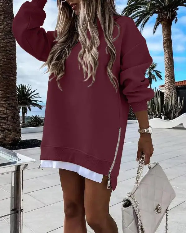 ✨Trend Women’s Long Sleeve Pullover Sweatshirt Zipper Slit Casual Dress