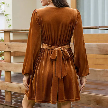 Women Boho Lace V‑Neck Tie Front Lantern Sleeve Mini Dress With Pockets