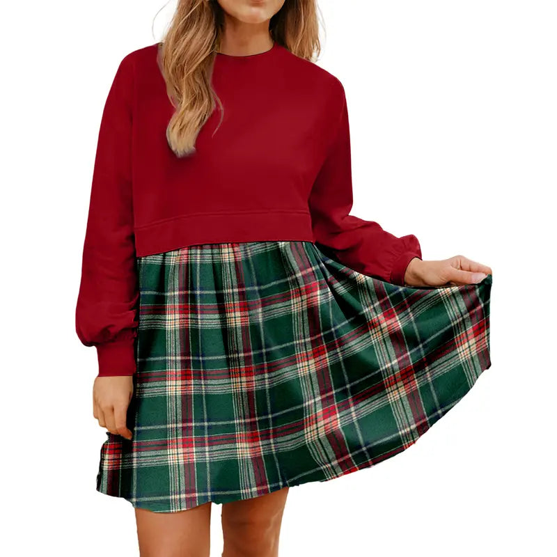 Women Plaid Patchwork Sweatshirt Mini Dress