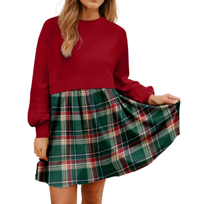 Women Plaid Patchwork Sweatshirt Mini Dress
