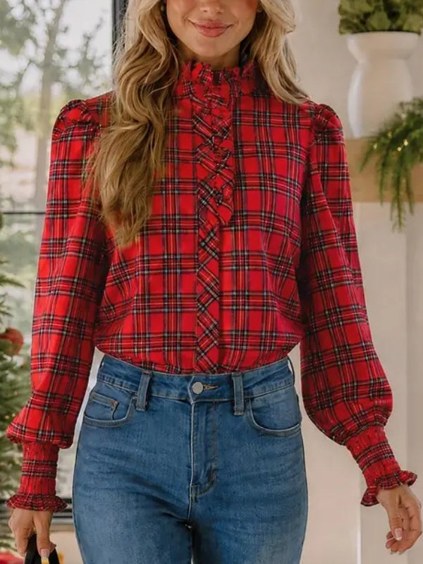 Women's Plaid Ruffle Neck Long Sleeve Blouse