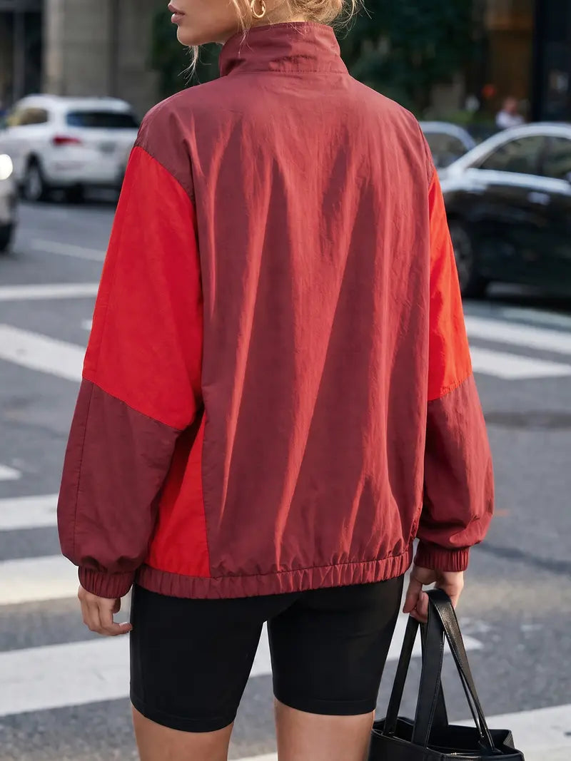 Women Retro Color Block Half Zip Windbreaker