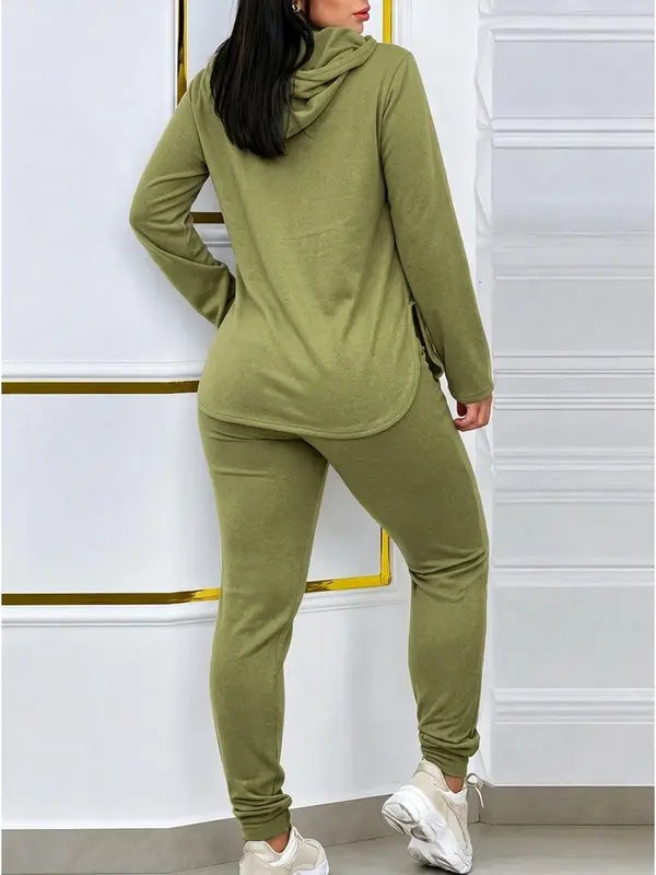 Hot Sale-Solid 2 Piece Hooded Outfit With Curved Hem