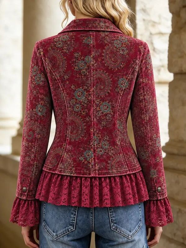 Women Retro Paisley Velvet Lace Patch Jacket