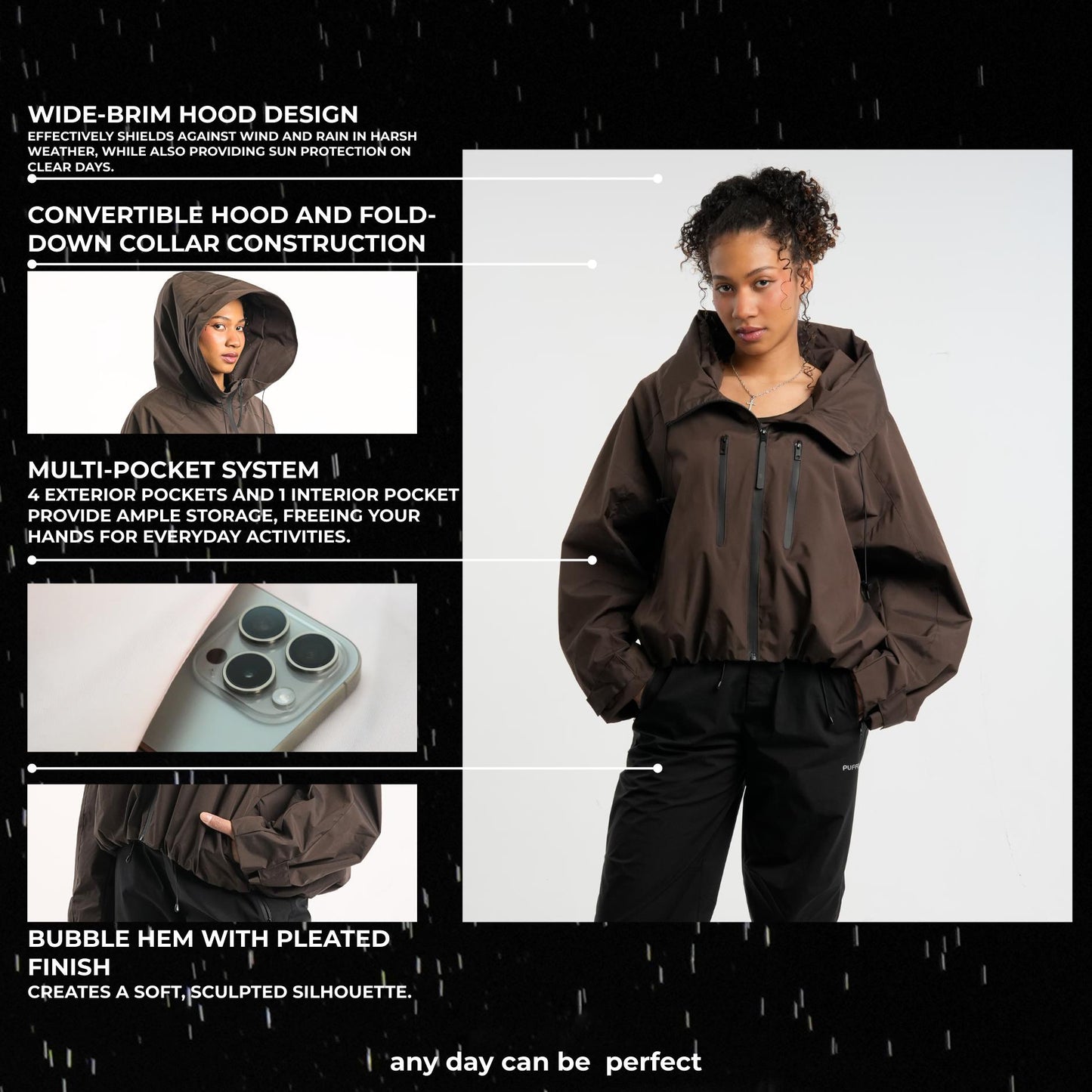 ⏰Hot Sale-Women's Oversized Pleated Hem Rain Jacket With Hooded