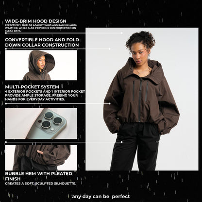 ⏰Hot Sale-Women's Oversized Pleated Hem Rain Jacket With Hooded