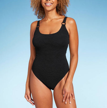 Square Neck Pucker Textured High Leg One Piece Swimsuit