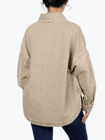 ✨Women's Solid Color Button Front Drop Shoulder Curved Hem Denim Jacket (Final Days: Big Savings!!!)