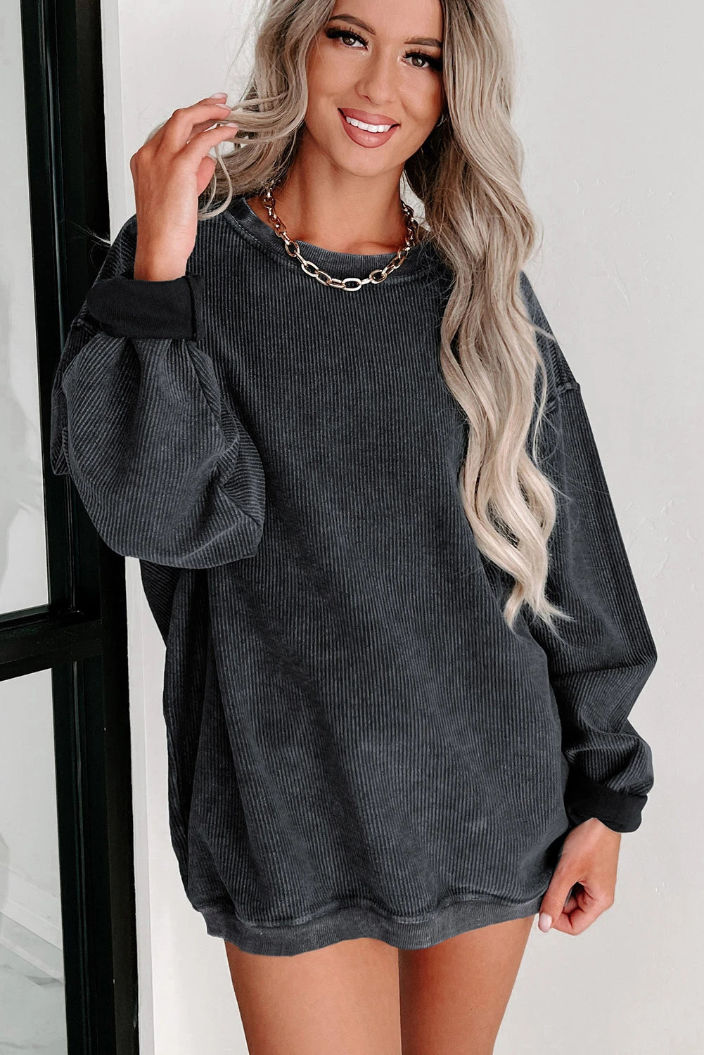 ✨ Women's Solid Color Ribbed Knit Round Neck Pullover Sweatshirt