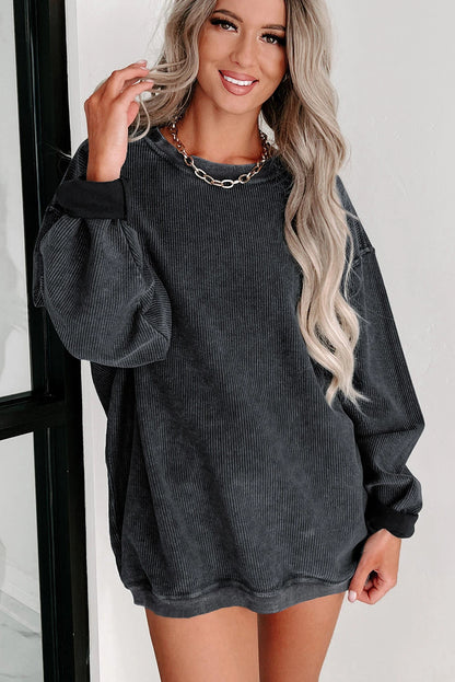 ✨ Women's Solid Color Ribbed Knit Round Neck Pullover Sweatshirt