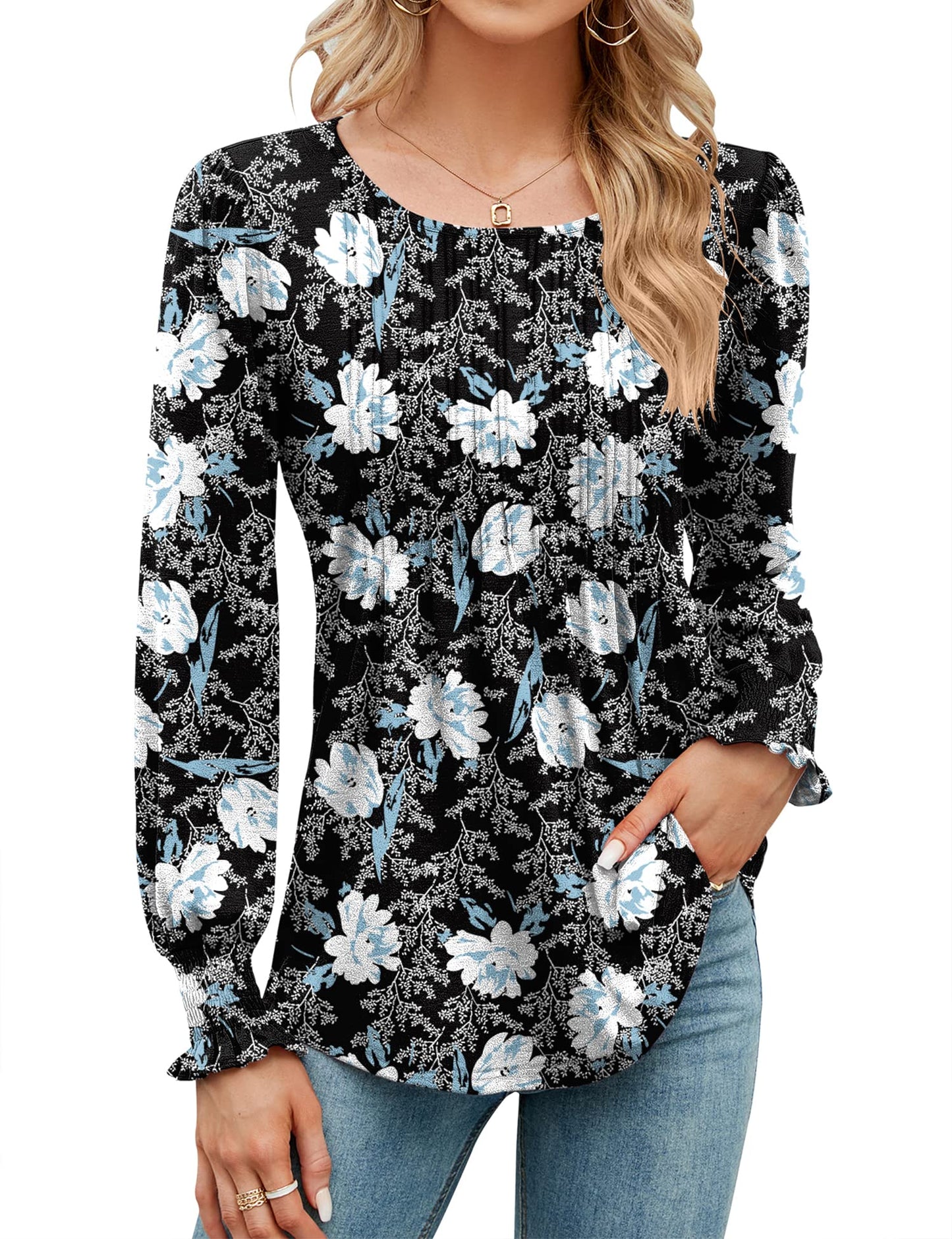 ✨Puff Long Sleeve Pleated Crew Neck Tunic Top