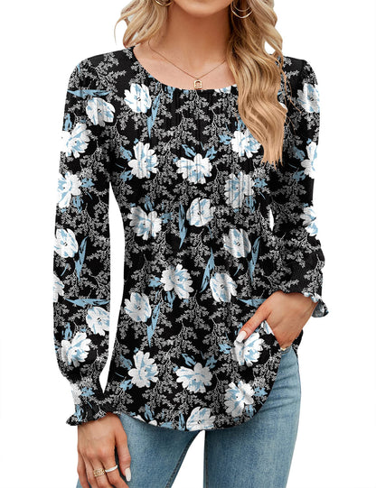 ✨Puff Long Sleeve Pleated Crew Neck Tunic Top
